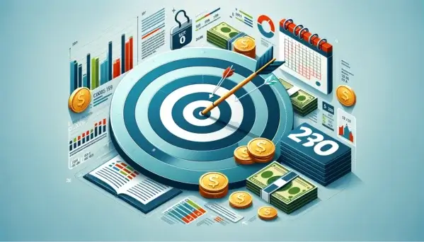 Header image for the blog article featuring a target symbolizing goal-setting, a calendar representing the timeline for retirement, and scattered money indicating financial planning and investment for the future.